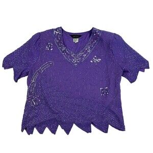 VTG Megere 100% Silk Purple Beaded Sequined Blouse Plus Size 1X S/S V-Neck
